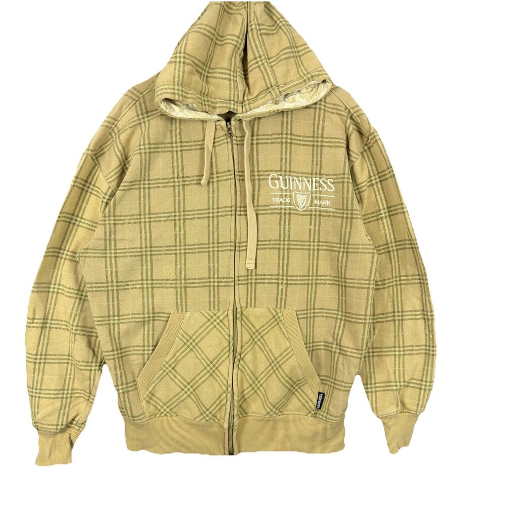 Guinness Mens Full Zip Hoodie Plaid Tan XL Official Merchandise Sweatshirt Skate
